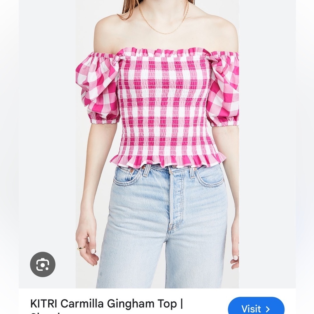 Kitri Carmilla Pink Gingham Puff Sleeve Blouse 100% Cotton Sz 4 Off Shoulder